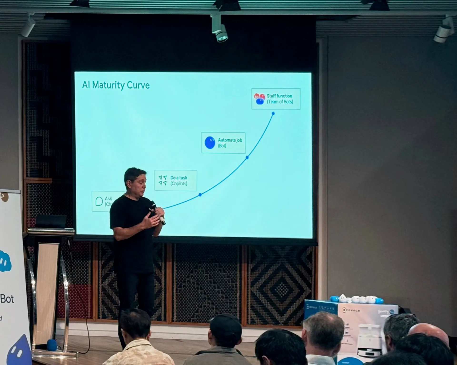 Speaker in front of the AI Maturity Curve slide
