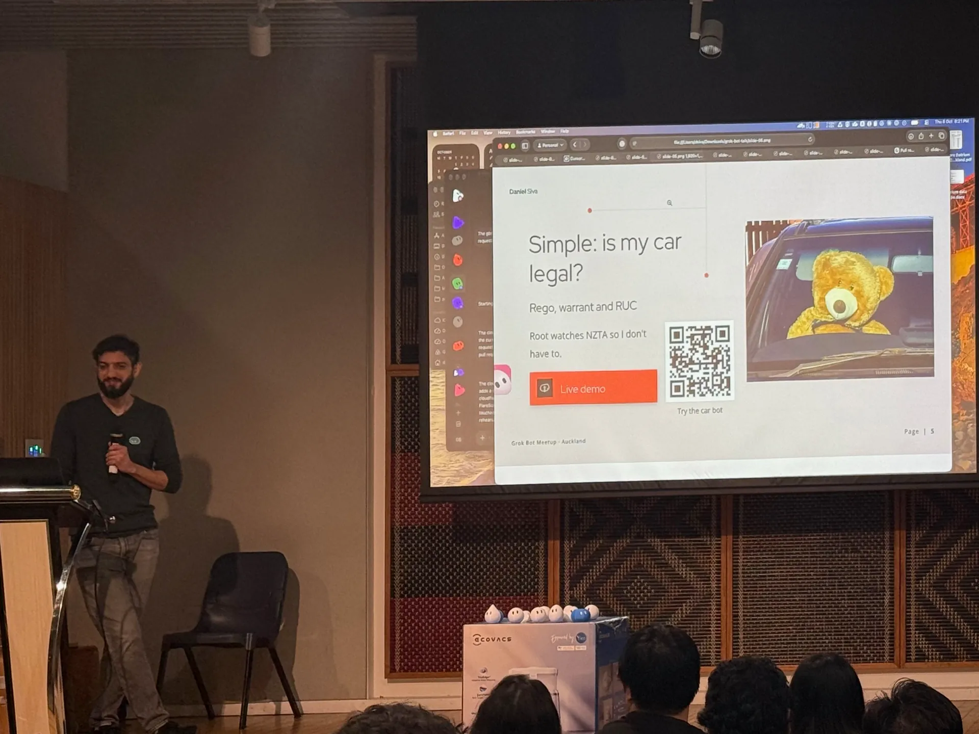 Speaker presenting a Simple: is my car legal? example slide